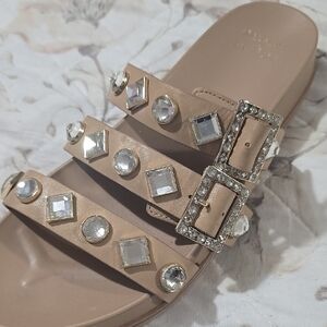 Embellished Tan Slide Sandals